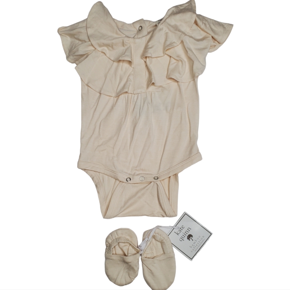 NWT {Kate Quinn} Cream Ruffler Top Bodysuit Onesie & Slipper Booties